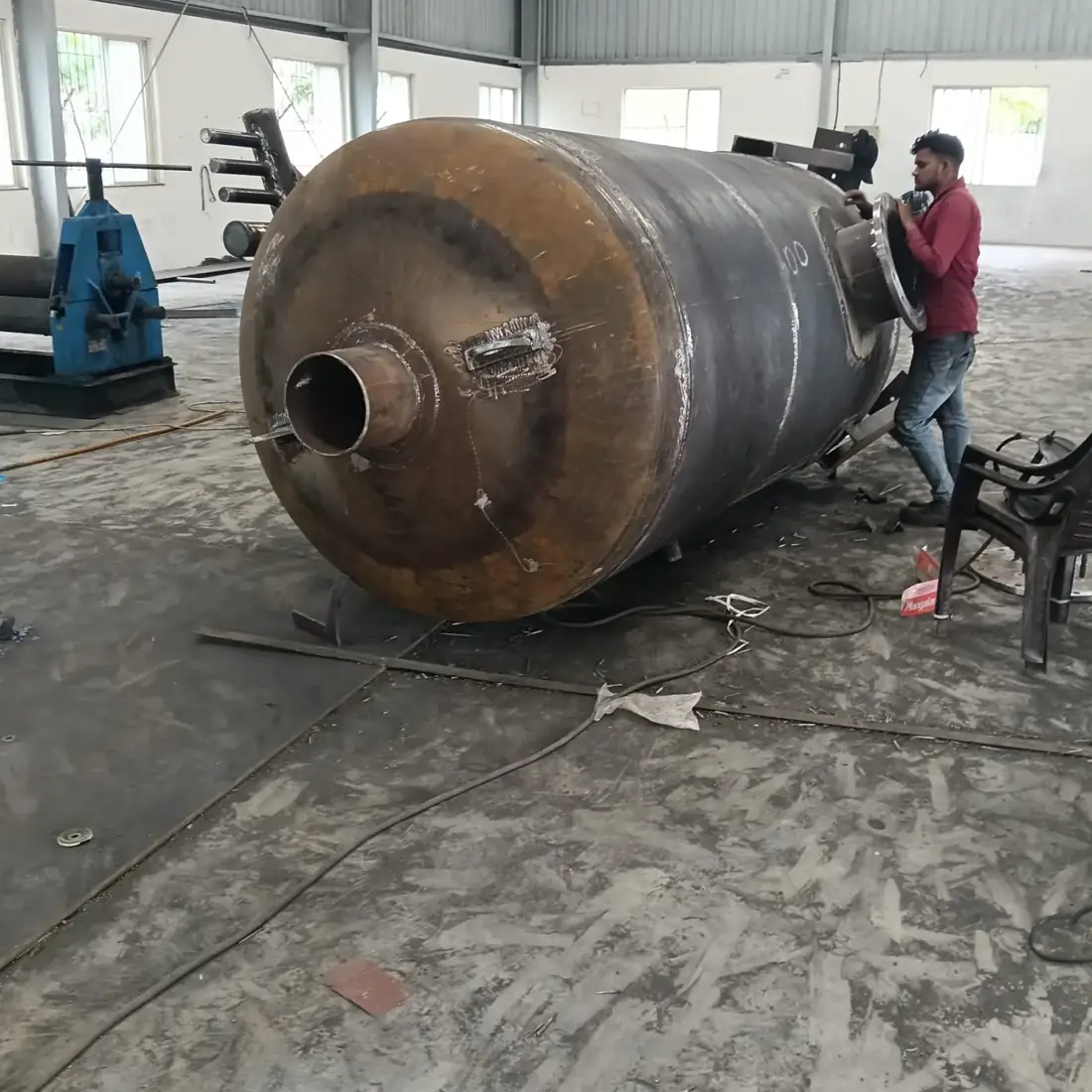 Fabricated vessel shell under assembly
